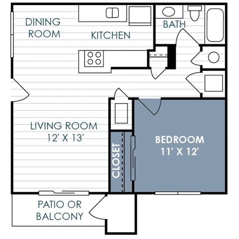 Floor plan for 1 bed, 1 bath, 660 sqft